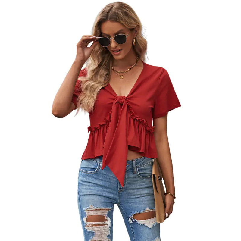 Chic V-Neck Ruffle Sleeve Crop Top
