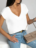 Summer Solid Color V-neck Open-back Short Sleeve Tee